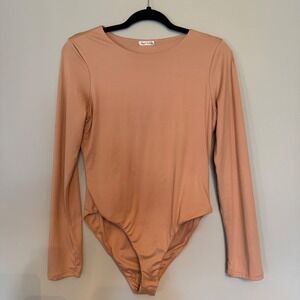 Long Sleeve Double Lined Bodysuit Nude Pink Scoop Neck Full Back Size Large